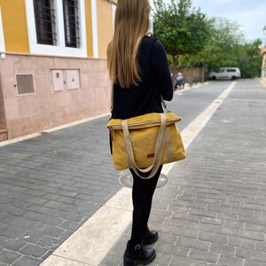 Lightweight soft tapestry tote bag, mustard and blue
