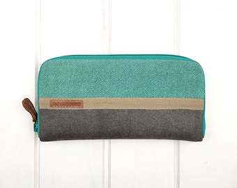 Women's large zip around wallet , Turquoise and gray wallet, Linen large wallet