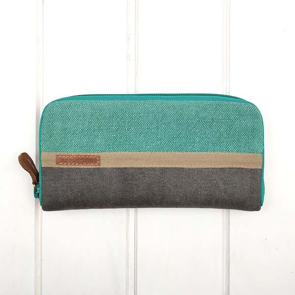 Women's large zip around wallet , Turquoise and gray wallet, Linen large wallet