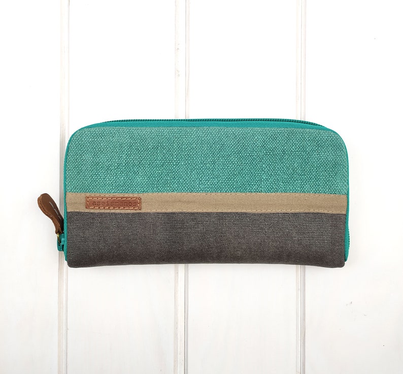 Cartera grande con cremallera para mujer, cartera turquesa y gris, cartera grande de lino image 1
