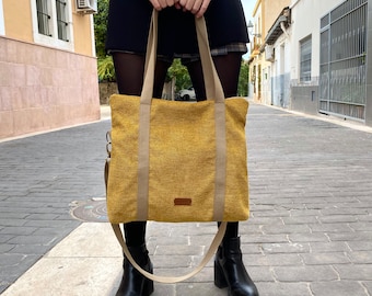 Lightweight soft tapestry tote bag, mustard and blue