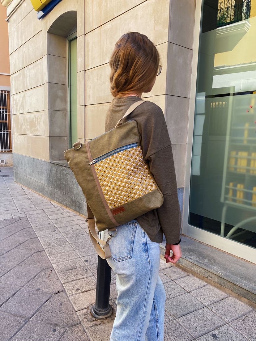 Mustard woman backpack, Mustard Yellow, Convertible Backpack, Gift for her, Printed cotton backpack