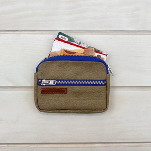 Cartera para hombre, cartera retro de lona encerada caqui con cremalleras azul cobalto, monedero, lona resinada, accesorios personales