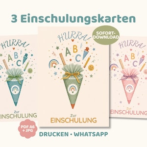 Puede incluir: Tres tarjetas de felicitación con el texto 3 Einschulungskarten, Hurra! y Zur Einschulung. Cada tarjeta muestra una bolsa de regalo cónica, una regla, un lápiz y las letras ABC, decoradas con estrellas, corazones y un icono de arcoíris en tonos suaves.