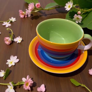 Könnte beinhalten: Ein Keramik-Tassen- und Untertassen-Set mit Regenbogenstreifen. Das Innere der Tasse ist grün, der Griff weiß. Untertasse und Tasse sind mit gelben, orangen, roten, blauen und violetten Bändern verziert. Rosa und weiße Blumen sind verstreut.