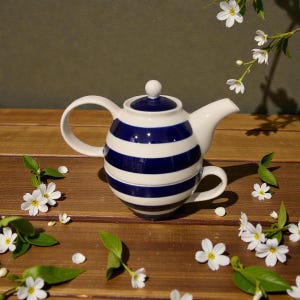 Peut inclure: Une théière blanche et bleue à rayures avec une tasse assortie. La théière a une forme arrondie avec une anse incurvée et un petit couvercle. La tasse est nichée sous la théière. Des fleurs blanches et des feuilles vertes sont éparpillées.