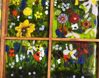 Juego de azulejos decorativos de vidrio fusionado, “Jardín de Girasoles”, 4 piezas de arte de pared de 4x4