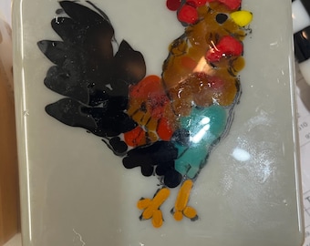 Gray Rooster Fused Glass Tile