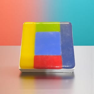 Puede incluir: Una obra de arte abstracta y colorida, de forma rectangular, con franjas verticales amarillas, verdes, azules, rojas y moradas. La obra está montada sobre una base blanca, creando una estética moderna y vibrante. Medidas en centímetros.