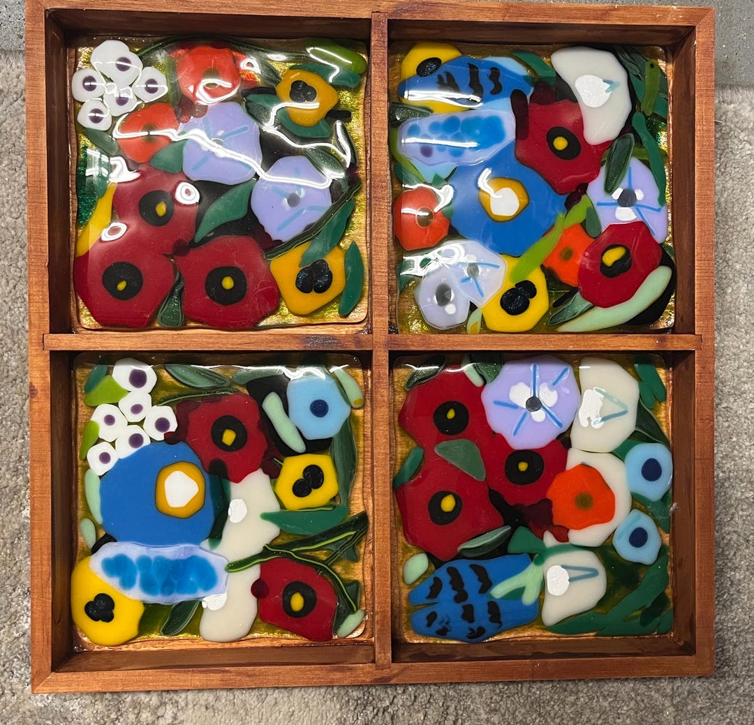 Poppy Glass Tile Fused Glass Decorative Tile Set, “poppy Garden”, 4 Pieces of 4x4 Wall ...