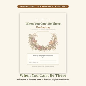 Könnte beinhalten: Ein druckbares PDF-Dokument mit dem Titel When You Can't Be There Thanksgiving, das eine zentrale Herbstkranz-Illustration mit Blättern und Eicheln zeigt. Die Seite enthält Textfelder für Details zur familiären Verbindung.