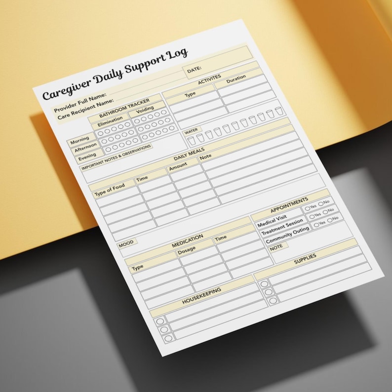 Printable Senior Caregiver Daily Log, Patient Care Tracker, Home Health ...