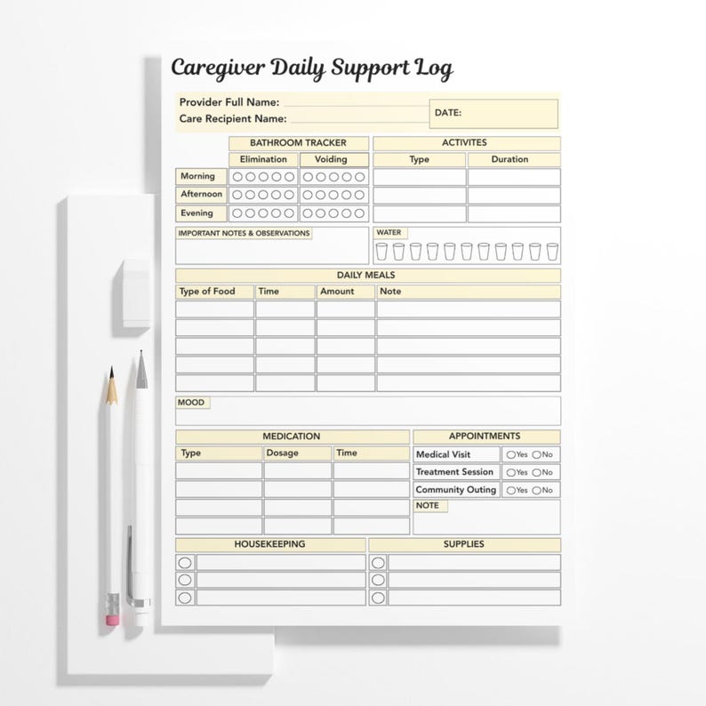 Printable Senior Caregiver Daily Log, Patient Care Tracker, Home Health ...