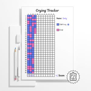 Pode incluir: Um gráfico branco "Crying Tracker" com o nome "Emily" e uma grade para rastreamento. O gráfico usa azul e rosa para indicar se a pessoa chorou ou não. Um lápis, uma borracha e uma caneta estão à esquerda.