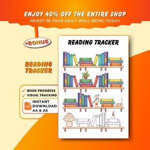 Könnte beinhalten: Ein druckbarer Reading Tracker mit einem Bücherregal-Design. Die Regale sind mit bunten Büchern gefüllt. Das Bild enthält den Text "Genießen Sie 40% Rabatt auf den gesamten Shop" und "Investieren Sie noch heute in Ihr tägliches Wohlbefinden."