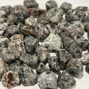 Puede incluir: Un conjunto de piedras pulidas en tonos grises, blancos y marrones. Las piedras tienen una forma lisa y redondeada y un aspecto moteado. La imagen está bien iluminada, mostrando los colores y texturas naturales de las piedras.