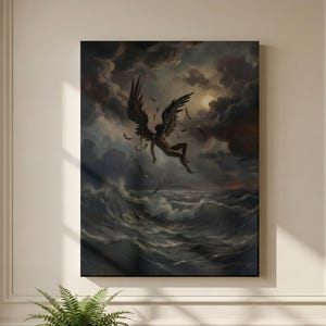 Fall of Icarus Canvas Wall Art | Fallen Angel Painting | Dark Academia Decor | Moody Ocean Print | Greek Mythology | Gothic Stretched Canvas