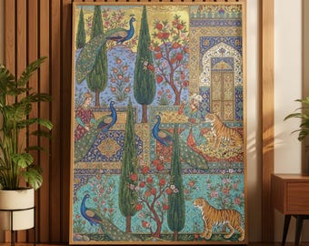 Persian Miniature Wall Art | Vintage Peacock & Tiger Poster | Islamic Garden Print | Maximalist Decor | Pomegranate Tree | Oriental Art