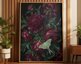 Dark Floral Wall Art | Luna Moth Poster | Moody Gothic Decor | Dark Academia | Giclée Print | Burgundy Peony | Witchy Botanical
