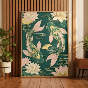 Koi Fish Poster | Feng Shui Wall Art | Emerald Green & Gold Asian Decor | Chinoiserie Lotus Print | Yin Yang Prosperity Gift | Zen Art image 1