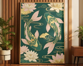Koi Fish Poster | Feng Shui Wall Art | Emerald Green & Gold Asian Decor | Chinoiserie Lotus Print | Yin Yang Prosperity Gift | Zen Art