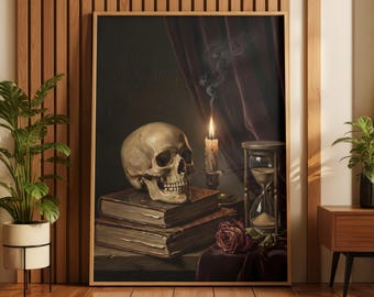 Vanitas Still Life Poster | Memento Mori Skull Art | Dark Academia Decor | Gothic Hourglass Print | Premium Physical Print | Giclée