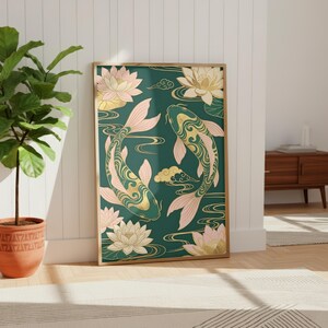 Koi Fish Poster | Feng Shui Wall Art | Emerald Green & Gold Asian Decor | Chinoiserie Lotus Print | Yin Yang Prosperity Gift | Zen Art image 9