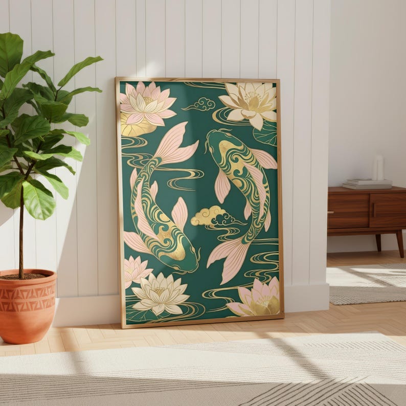 Koi Fish Poster | Feng Shui Wall Art | Emerald Green & Gold Asian Decor | Chinoiserie Lotus Print | Yin Yang Prosperity Gift | Zen Art image 9
