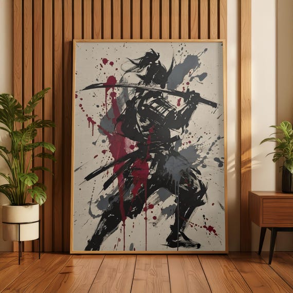 Samurai Splatter Art Poster | Japanese Warrior | Sumi-e Ink Style | Red Black Katana Decor | Premium Physical Print | Giclee