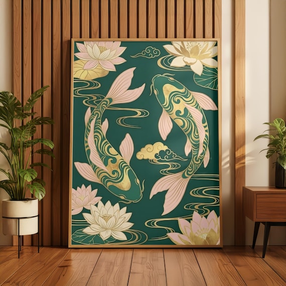 Koi Fish Poster | Feng Shui Wall Art | Emerald Green & Gold Asian Decor | Chinoiserie Lotus Print | Yin Yang Prosperity Gift | Zen Art