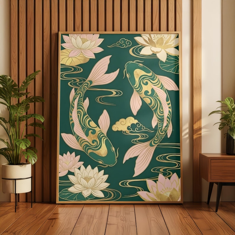Koi Fish Poster | Feng Shui Wall Art | Emerald Green & Gold Asian Decor | Chinoiserie Lotus Print | Yin Yang Prosperity Gift | Zen Art image 1