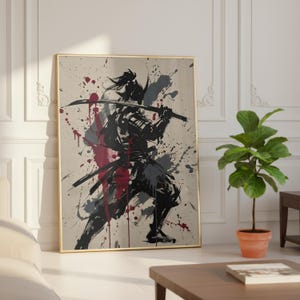 Samurai Splatter Art Poster | Japanese Warrior | Sumi-e Ink Style | Red Black Katana Decor | Premium Physical Print | Giclee image 6