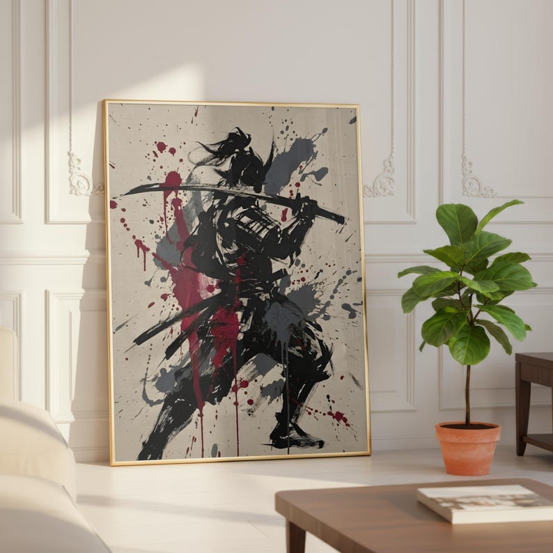 Samurai Splatter Art Poster | Japanese Warrior | Sumi-e Ink Style | Red Black Katana Decor | Premium Physical Print | Giclee image 6