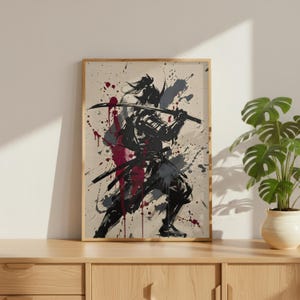 Samurai Splatter Art Poster | Japanese Warrior | Sumi-e Ink Style | Red Black Katana Decor | Premium Physical Print | Giclee image 11