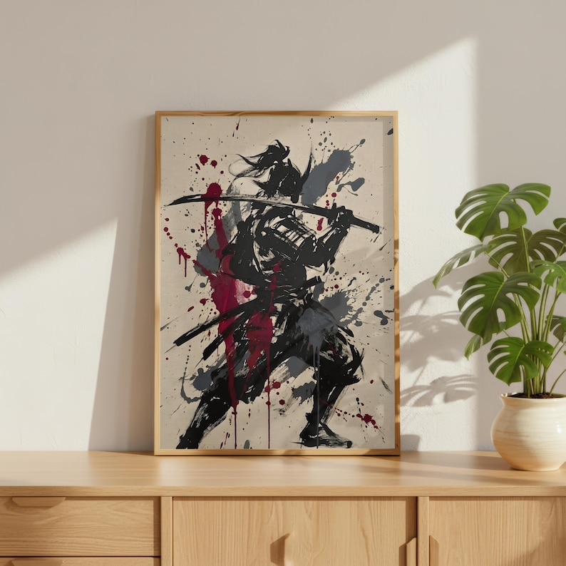 Samurai Splatter Art Poster | Japanese Warrior | Sumi-e Ink Style | Red Black Katana Decor | Premium Physical Print | Giclee image 11