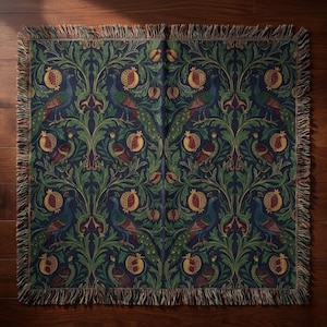 William Morris Style Peacock Woven Blanket | Pomegranate Art Nouveau Throw | Victorian Decor | Cotton Jacquard Tapestry | Dark Maximalist