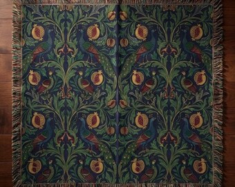 William Morris Style Peacock Woven Blanket | Pomegranate Art Nouveau Throw | Victorian Decor | Cotton Jacquard Tapestry | Dark Maximalist