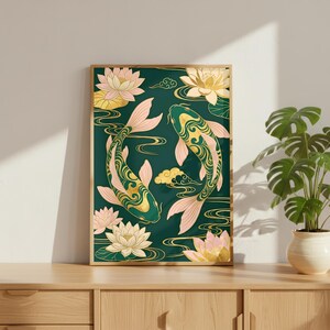 Koi Fish Poster | Feng Shui Wall Art | Emerald Green & Gold Asian Decor | Chinoiserie Lotus Print | Yin Yang Prosperity Gift | Zen Art image 8