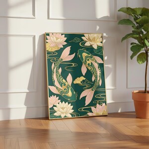 Koi Fish Poster | Feng Shui Wall Art | Emerald Green & Gold Asian Decor | Chinoiserie Lotus Print | Yin Yang Prosperity Gift | Zen Art image 6