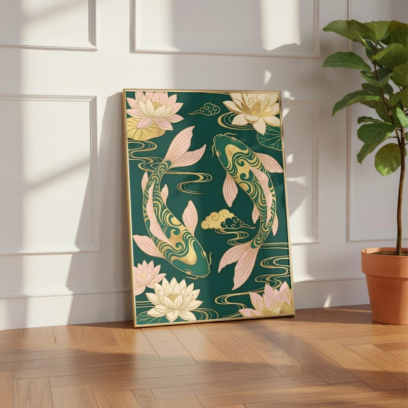 Koi Fish Poster | Feng Shui Wall Art | Emerald Green & Gold Asian Decor | Chinoiserie Lotus Print | Yin Yang Prosperity Gift | Zen Art image 6