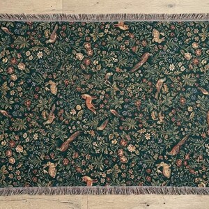 Woodland Fox & Rabbit Woven Blanket | Medieval Millefleur Tapestry | Cottagecore Decor | Forest Animal Throw | Cotton Jacquard Gift