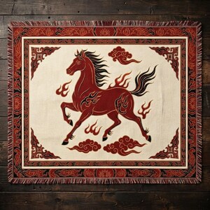 2026 Year of the Horse Woven Blanket | Fire Horse Tapestry | Chinese New Year Decor | Feng Shui Gift | Asian Zodiac Throw | Cotton Jacquard