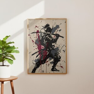 Samurai Splatter Art Poster | Japanese Warrior | Sumi-e Ink Style | Red Black Katana Decor | Premium Physical Print | Giclee image 8