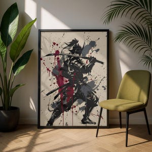 Samurai Splatter Art Poster | Japanese Warrior | Sumi-e Ink Style | Red Black Katana Decor | Premium Physical Print | Giclee image 3