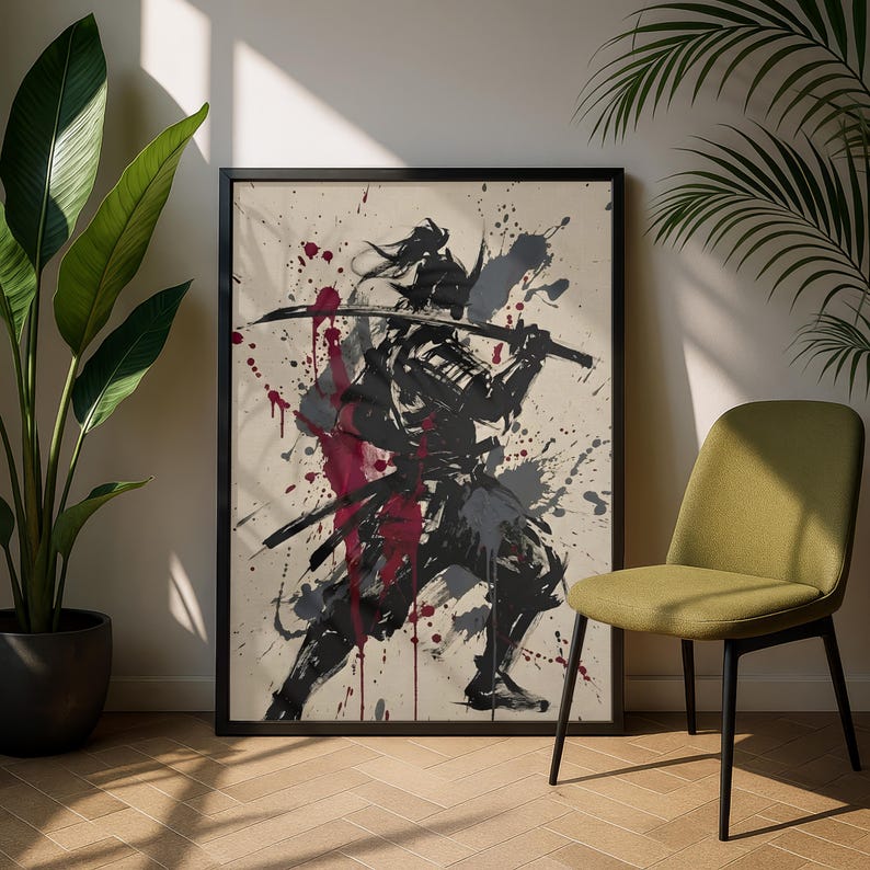 Samurai Splatter Art Poster | Japanese Warrior | Sumi-e Ink Style | Red Black Katana Decor | Premium Physical Print | Giclee image 3