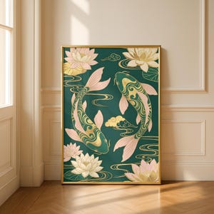 Koi Fish Poster | Feng Shui Wall Art | Emerald Green & Gold Asian Decor | Chinoiserie Lotus Print | Yin Yang Prosperity Gift | Zen Art image 3