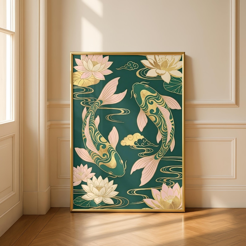 Koi Fish Poster | Feng Shui Wall Art | Emerald Green & Gold Asian Decor | Chinoiserie Lotus Print | Yin Yang Prosperity Gift | Zen Art image 3