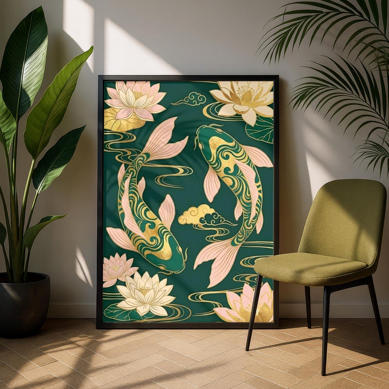 Koi Fish Poster | Feng Shui Wall Art | Emerald Green & Gold Asian Decor | Chinoiserie Lotus Print | Yin Yang Prosperity Gift | Zen Art image 10