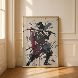 Samurai Splatter Art Poster | Japanese Warrior | Sumi-e Ink Style | Red Black Katana Decor | Premium Physical Print | Giclee image 2