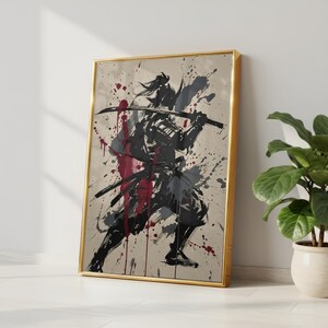 Samurai Splatter Art Poster | Japanese Warrior | Sumi-e Ink Style | Red Black Katana Decor | Premium Physical Print | Giclee image 4